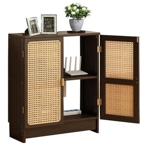 Jueraori WiFi Router Storage Cabinet, Bamboo Router Cabinet with Adjustable Shelves, Multimedia Audio Rack with Doors, 2 Layer Standing Cabinets for Home and Office