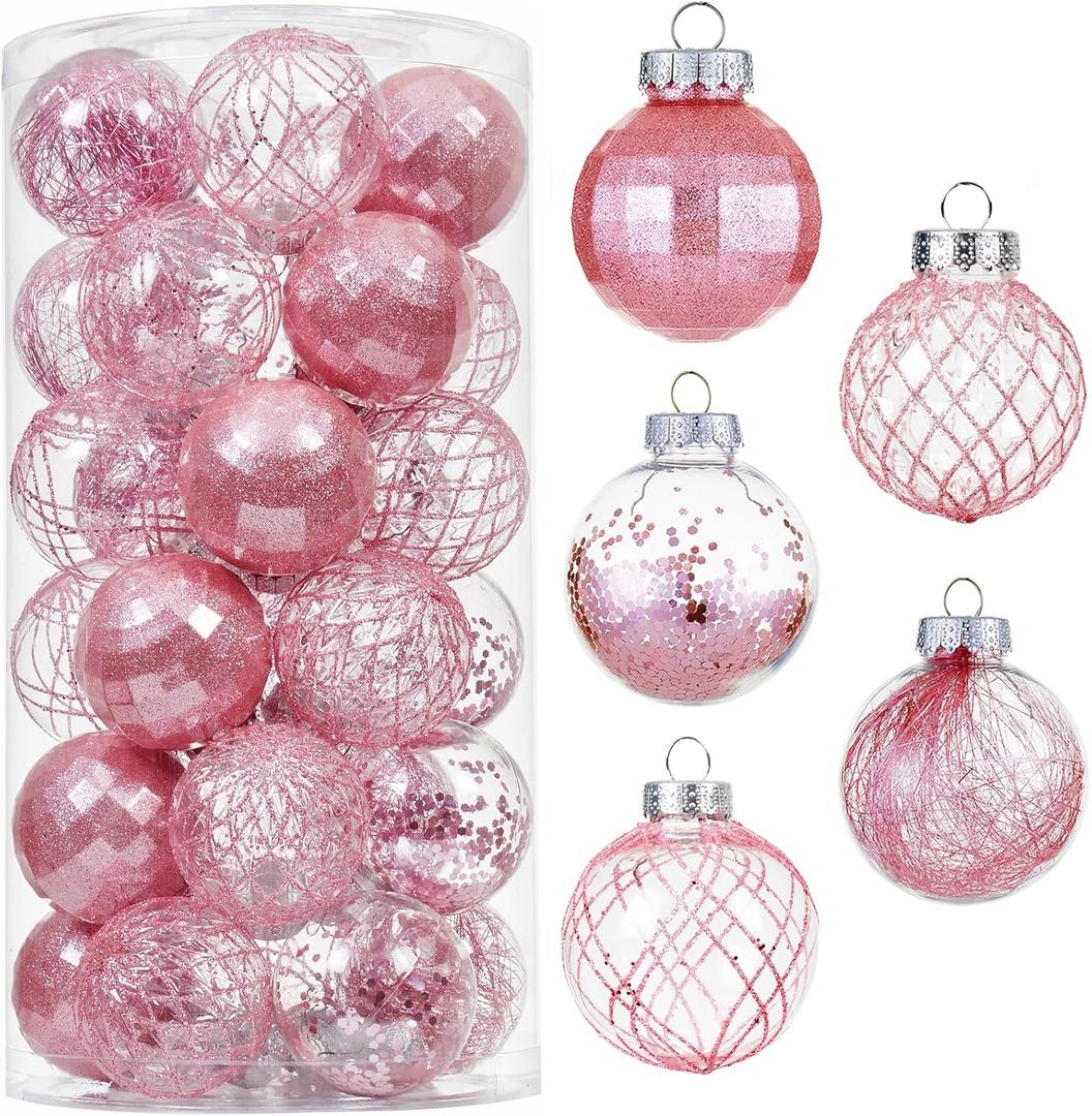 30ct Christmas Ball Ornaments-60mm/2.36" Shatterproof Clear Plastic Xmas Balls Baubles Set with Stuffed Delicate Sparkling, Hanging Christmas Tree Decorations (Pink)