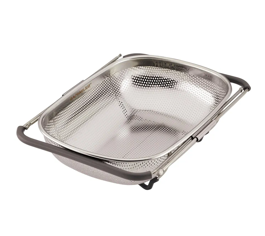 Rachael Ray Tools and Gadgets Over-The-Sink Colander/Strainer for Pasta, Fruits, Veggies, Expandable Silicone Grips, Dishwasher Safe, 4.5 Quart, Stainless Steel with Gray Handles