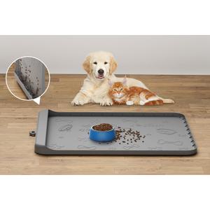 Dog Food Mat - Silicone Dog Mat for Food and Water - 28" x 20" Pet Feeding Mats with Residue Collection Pocket - Waterproof Dog Cat Bowl Mat with High Edges to Prevent Water Food Spills (Gray)