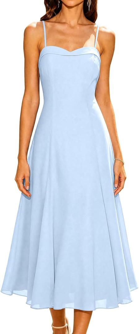 RIHOAS Formal Wedding Guest Dress A Line Sleeveless Slip Spaghetti Strap Corset Chiffon Elegant Party Midi Dress (Blue, L)