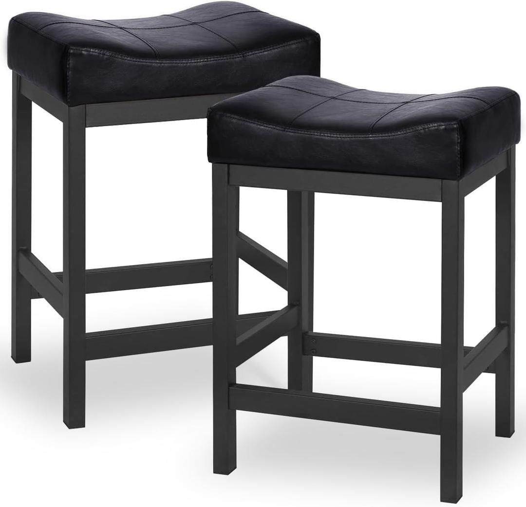 KATDANS Bar Stools Set of 2, Counter Height Stools 24 Inch Saddle Stools, PU Leather Modern Kitchen Barstools with Metal Base, KS861P-Black, 2Pcs