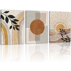 WENGTIAO 3Pcs Boho Orange Desert Canvas Wall Art Colorful Geometric Line Leaf Sun Prints Pictures Paintings Abstract Mid Century Nature Plant Artwork for Living Room Bedroom Office Bathroom 20x28x3