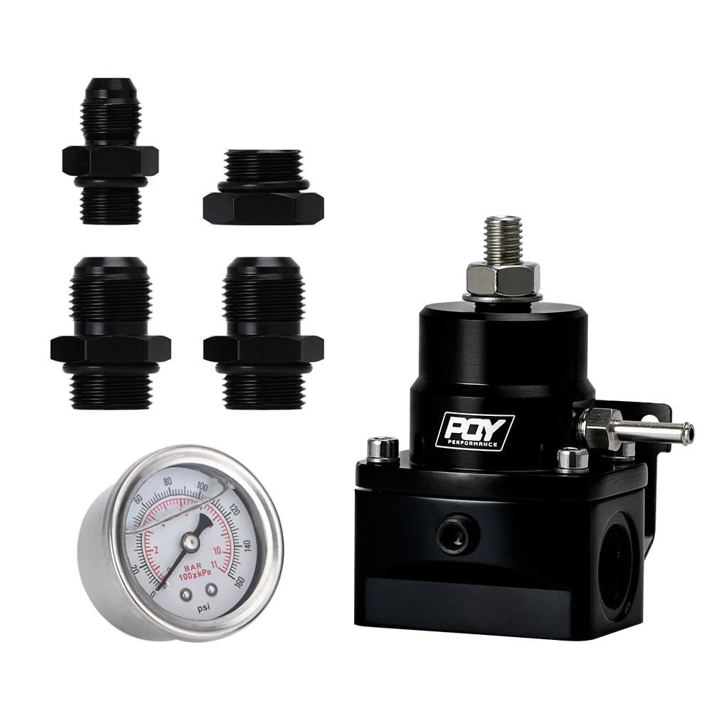 PQY Fuel Pressure Regulator AN8 Feed & AN6 Return Line + 0-160PSI Gauge Set Dark Black