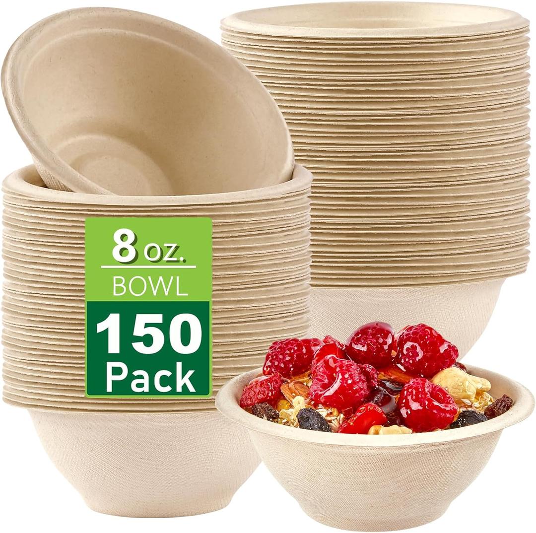 Ocmoiy Bulk 150Pk. 8 OZ Paper Bowls Disposable Heavy Duty Small Compostable Food Bowls, Eco-friendly Sugarcane Bowl for Party Serving Treats, Microwave Safe for Hot or Cold Use