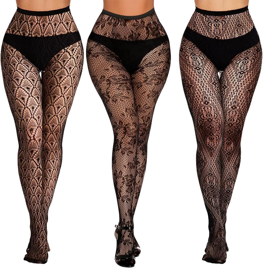 Buauty Lace Patterned Fishnet Tights for Women Black Fishnets Leggings Lace Tights (One Size, Black*3-1)