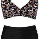 Women's High Waisted Bikini Sets Push Up Twist Front Spaghetti Straps Ruched Two Piece Swimsuit Bathing Suit (Medium, Flower Black)