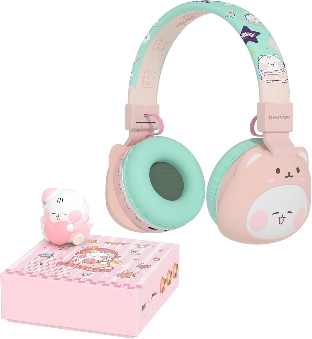 Cat Bundle: Bluetooth Speaker & Kids Headphones - Cute Animal Design, Rotating Figurine, Night Light, Volume Limited, Comfortable & Foldable, for Home, Travel, School & Airplane