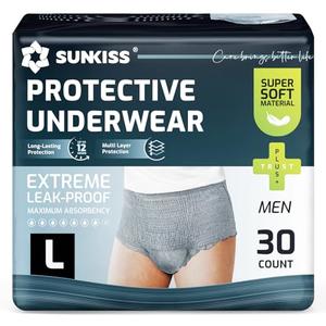SUNKISS Super Soft Incontinence Underwear for Men, Daytime Disposable Adult Pull Ups, Mens Protective Diapers with Maximum Absorbency, Large, Grey, 30 Count