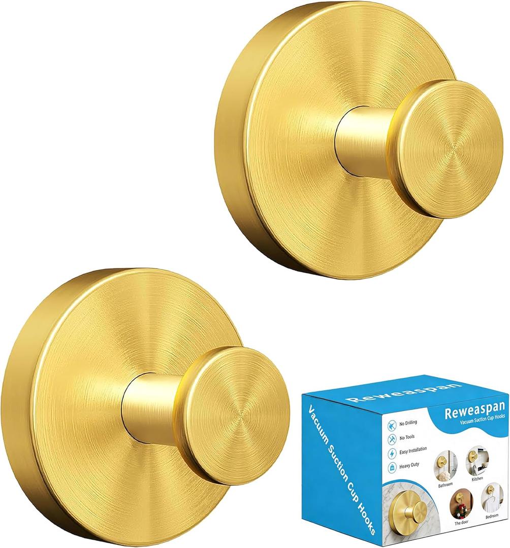Suction Cup Hooks for Shower, Heavy Duty Towel Hooks for Walls No Damage, Suitable for Hanging Towels, Robes, Coats, Holds 15 lbs-2pack, Brushed Gold