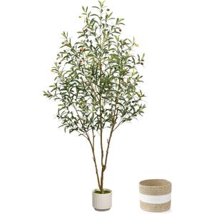 Artificial Olive Tree 6FT - Tall Faux Olive Trees Indoor with Planter&Cotton Basket, Large Fake Olive Plants Realistic Branches Natural Wood Trunk and Fruits for Home House Office Decor