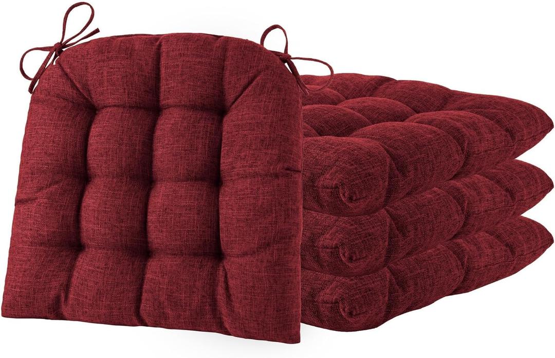 ELFJOY Tufted Chair Cushions for Dining Chairs Set of 4 Premium U-Shaped Chair Pads with Ties Comfortable Seat Cushion for Kitchen Office Dining Room (17"x 16"x 3" Burgundy)