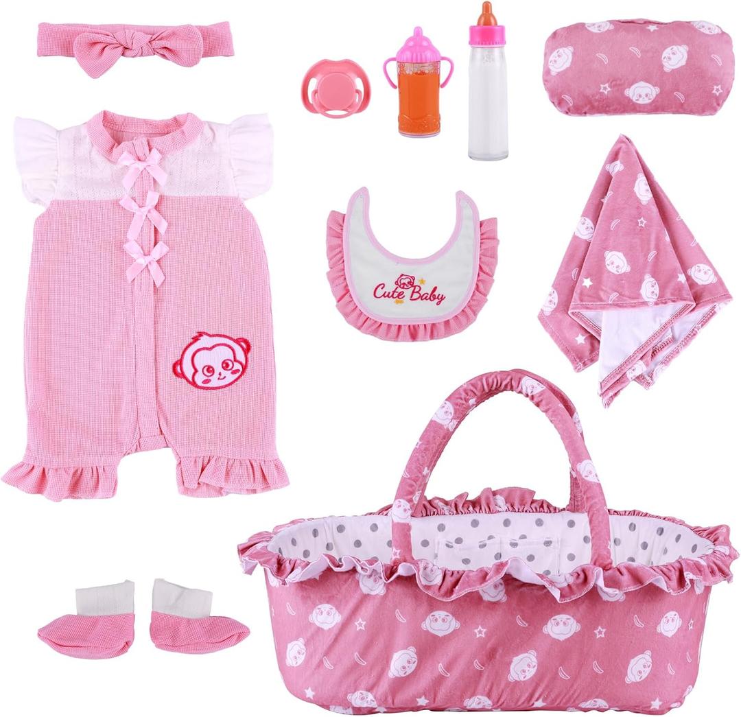 BABESIDE 10 Pcs Reborn Baby Doll Clothes and Accessories Set with Bassinet for 17-22 Inch Dolls, Baby Doll Accessories with Bottles Pacifier for Newborn Dolls Girls, Pink & Bean Paste Color