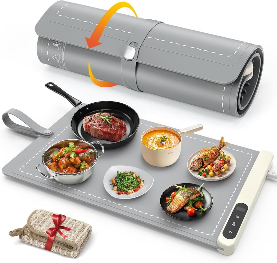 FYY Food Warming Mat - Electric Warming Tray with 6 Temperature Settings and 6 Hours Timer, Full Surface Graphene Heating Food Warmer, Premium Rollable Heating Tray for Gatherings, Parties, Grey (X Large Size: 24"x15", Gray)
