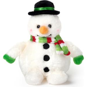 Bearington Snowball The Snowman Christmas Stuffed Animal - 7" Stuffed Snowman Plushie with Soft White Fur, Weighted Body, Festive Scarf and Classic Bowler Hat - Adorable Plush Christmas Toy for Kids