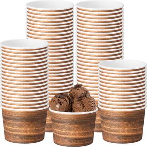 50 Pack Rustic Wood Ice Cream Cups 9 oz Wood Grain Disposable Dessert Bowls Paper Soup Bowls Vintage Snack Cup for Hot or Cold Food Western Themed Birthday Camping Baby Shower Party Supplies (Brown)