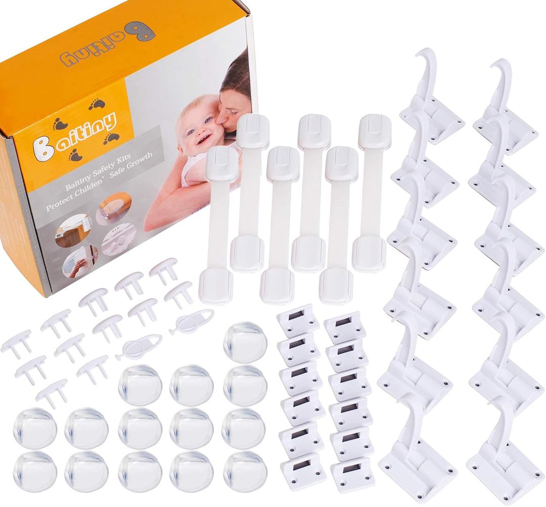 Baby Proof Kit, 58 Packs Baby Proofing Kit Essentials Child Proofing Appliance with Cabinet Locks, Corner Guards and Outlet Covers - All-in-one Super Value Child Proof Kit (White)