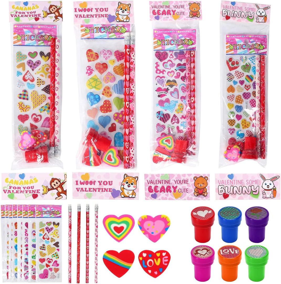 Valentines Day Gifts for Kids28 Pack Valentines Day Stationery Kids Includes Pencil, Erasers, Cards, Stickers, Stamper for Kids Valentine's Day Party Favor Supplies School Classroom Exchange