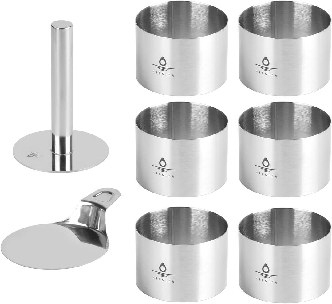 8 Pcs Cake Ring Molds, Seamless Stainless Steel Cake Cutter For Baking, 3 inch Cooking Rings with Pusher & Lifter, Dessert Mousse Molds Baking Tools, Includes 1 Pusher, 1 Lifter and 6 Rings