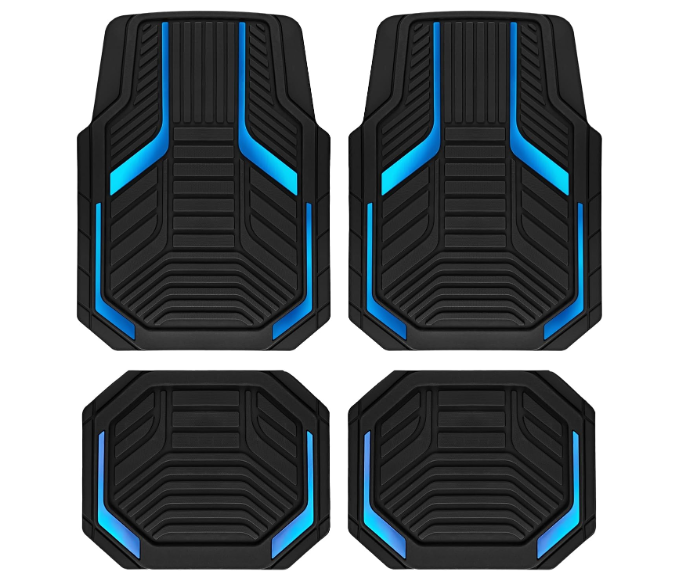 PIC AUTO Heavy Duty Rubber Floor Mats, Blue Aluminum Film Car Mats Set, Front and Rear Car Mats with Anti-Slip Backing, All Weather Protection, Trim-to-Fit for Automotive SUV, Sedan, Van