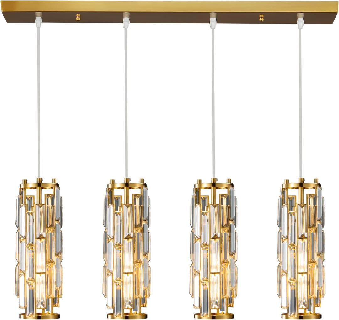 LMQNINE 4 Light Gold Pendant Lighting Modern Pendant Light, Mini Crystal Chandeliers,Adjustable Pendant Light Fixture for Kitchen Island Dinning Room Bedroom(Gold 4-Light)