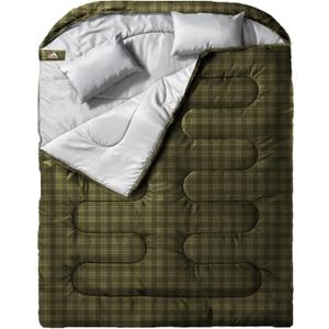 MEREZA Double Sleeping Bag for Adults Mens with Pillow, XL Queen Size Two Person Sleeping Bag for All Season Camping Hiking Backpacking 2 Person Sleeping Bags for Cold Weather & Warm (Double (90.6in*61in), Plaid)