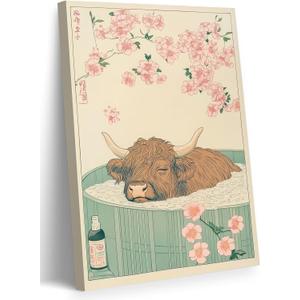 Japanese Bathroom Canvas Wall Art Funny Highland Cow in Bathtub Wall Decor Paintings Vintage Cute Cattle Humorous Animal Prints Aesthetic Pictures for Restroom Toilet Decoration 12x16 Inch Framed (16L" x 12W")