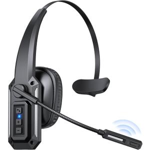 Trucker Bluetooth Headset with Mic, Wireless Headset with Noise Cancelling Microphone & Mute Button, 60Hrs Battery, Over-The-Head Bluetooth Headphones for Work, Cellphone, Laptop, Office, Black