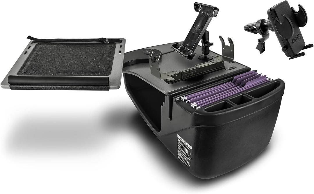 AutoExec Reach Desk Front Seat Car Desk and Portable Workstation Printer Stand, Tablet Mount and Phone Vent Clip, Grey