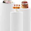 Metal Pleated Cylinder Pedestal Stands for Party, 3 Pieces Heavy Duty Round Cake Pedestal Stand Display Plinth Pillars Art Decor for Wedding Ceremony Birthday PartyMedium, White