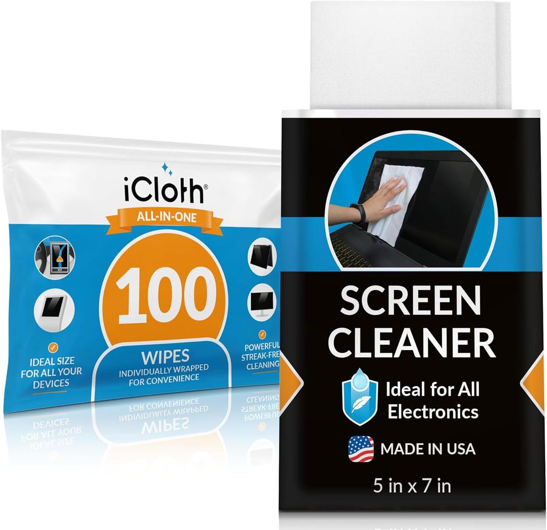 iCloth Large Screen Cleaning Wipes for Electronics, Lint-Free and Streak-Free, Fast-Drying, Removes Dust, Fingerprints, and Smudges (100 Wipes)