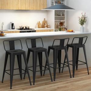 24Metal Bar Stools Set of 4, Counter Height Stools with Removable Back, Black Barstools for Kitchen Island
