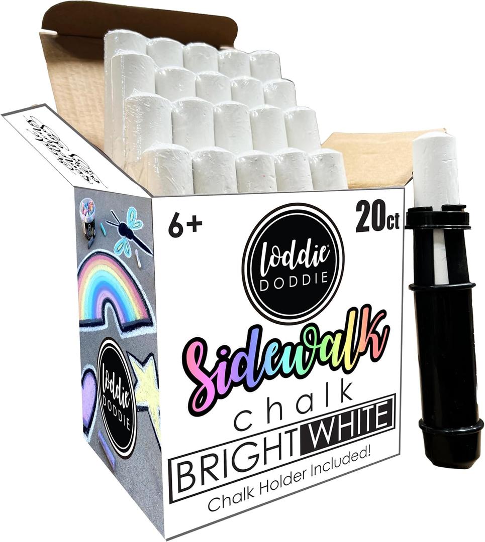 Loddie Doddie Jumbo White Sidewalk Chalk - Pack of 20 - Ergonomic Easy-Grip Sidewalk Chalk for Kids - Low-Dust Formula for Outdoor Kids Activities - Storage Bucket for Outside Fun