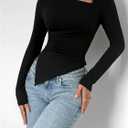 Women's Long Sleeve Asymmetrical Tops Notched Neck T Shirt Slim Fit Elegant Tee (Black, L)