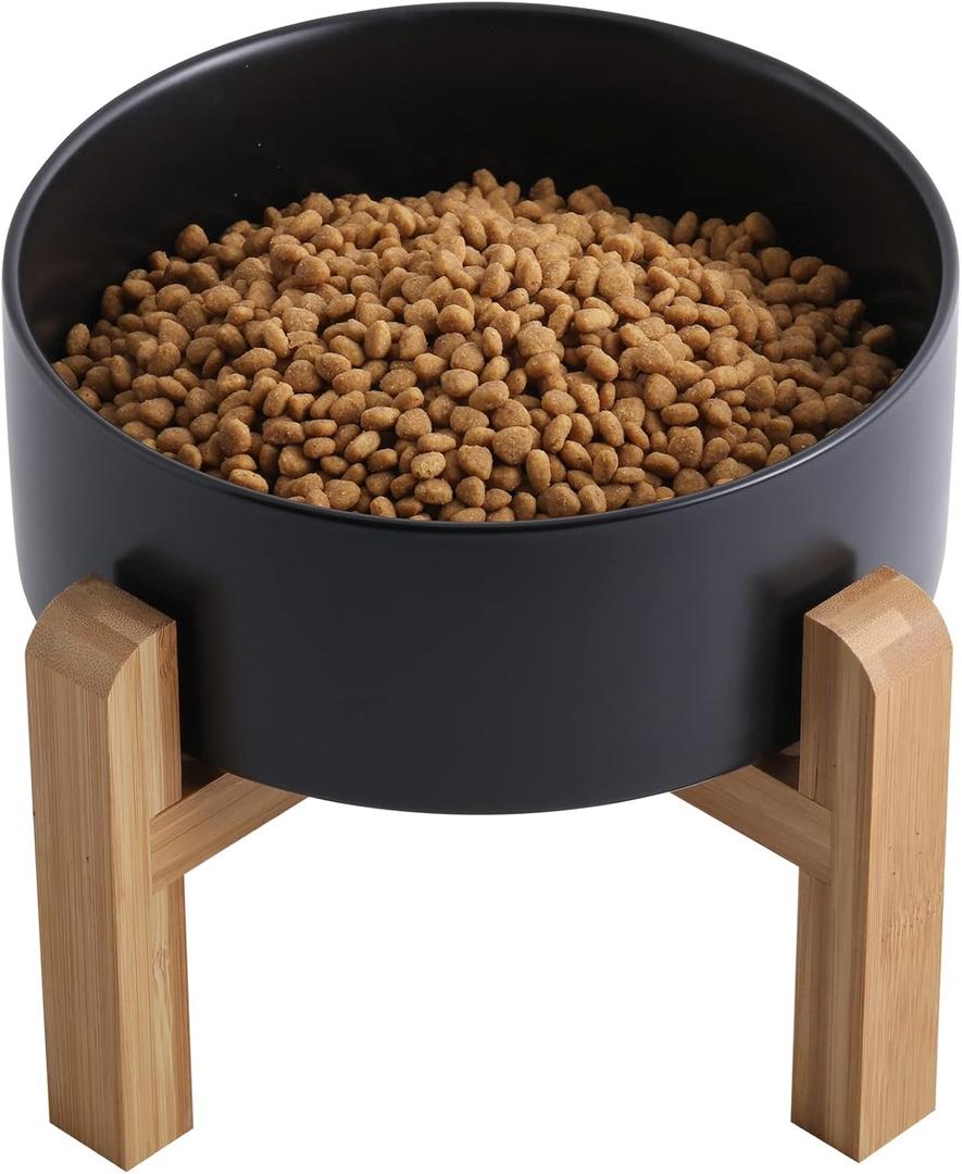 Black Elevated/Raised Dog Bowl Ceramic with Wood Stand for Medium Large Breed, Dog Food Water Dish Heavy Weighted,8 in Non Slip Modern Cute Porcelain Pet Bowl Extra Large