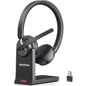 awatrue Wireless Headset with Mic for Work, Bluetooth Headphone with AI Noise Cancelling Mic for Clear Calls, Bluetooth 5.3 & 2.4G Dongle, Computer Headset for Call Center/PC/Zoom