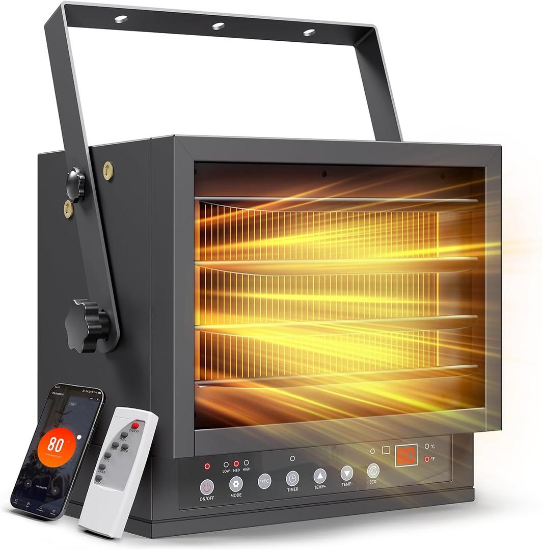 5000W Electric Garage Heater with WIFI & Remote, Ceiling Mount Shop Heater, Garage Space Heaters with ECO Mode, 240V, 12H Timer, Thermostat, Overheat Protection, for Garage Workshop Warehouse Industry