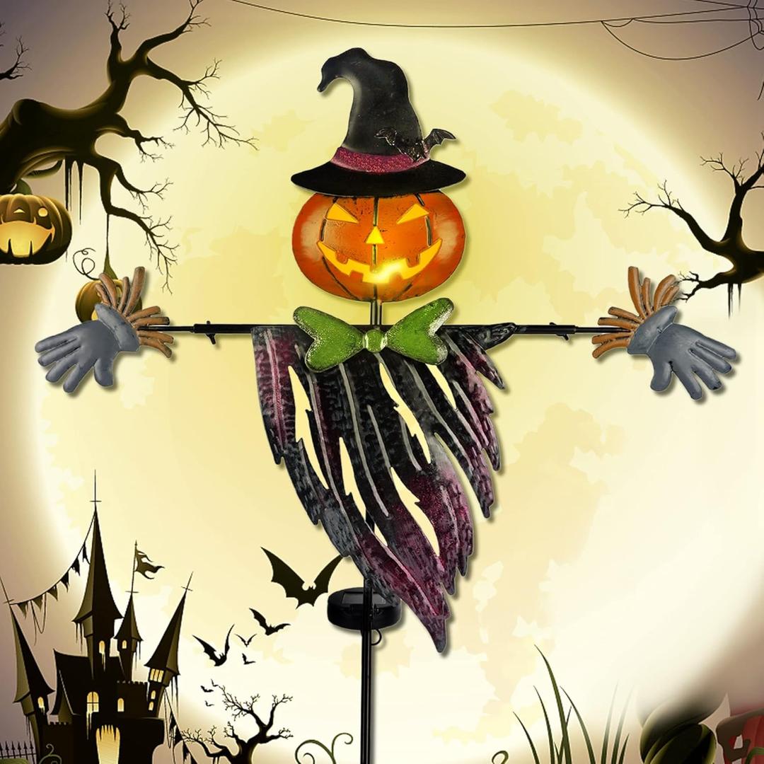 Solar Halloween Yard Decorations, Outdoor LED Solar Powered Pumpkin Ghost Stakes Halloween Outdoor Decorations, Metal Garden Stakes Lawn Yard Ornament