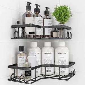 Adhesive Shower Caddy, 2 Pack Corner Bath Organizer, Rustproof Stainless Steel Shower Shelves with Large Capacity, No Drilling Shelves for Bathroom Storage, Home, Kitchen Décor (Black)