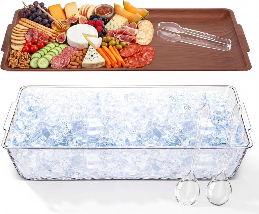 Baderke 1 Set 16" x 9" Chilled Serving Tray for Parties with Compartments, Ice Chilled Party Crudite Platter, Charcuterie Serving Board, Cold Dish Dip Tableware for Seafood Vegetable (Dark Wood)
