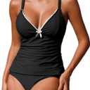 ZAFUL Women's 2 Pieces Tankini Swimsuits V Neck Bow Decor Lace up Tummy Control High Waisted Bikini Swimsuits (Medium)