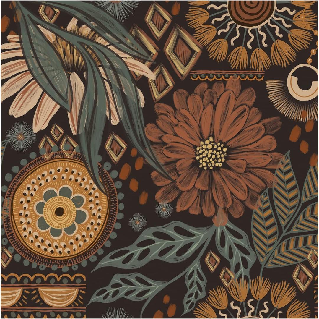 HAOKHOME Wallpaper Peel and Stick Floral Boho Brown/PeachPuff/Green Retro Wall Decor Bathroom Removable Mural 17.3in x 6.6ft (Bronze/Black/Orange)