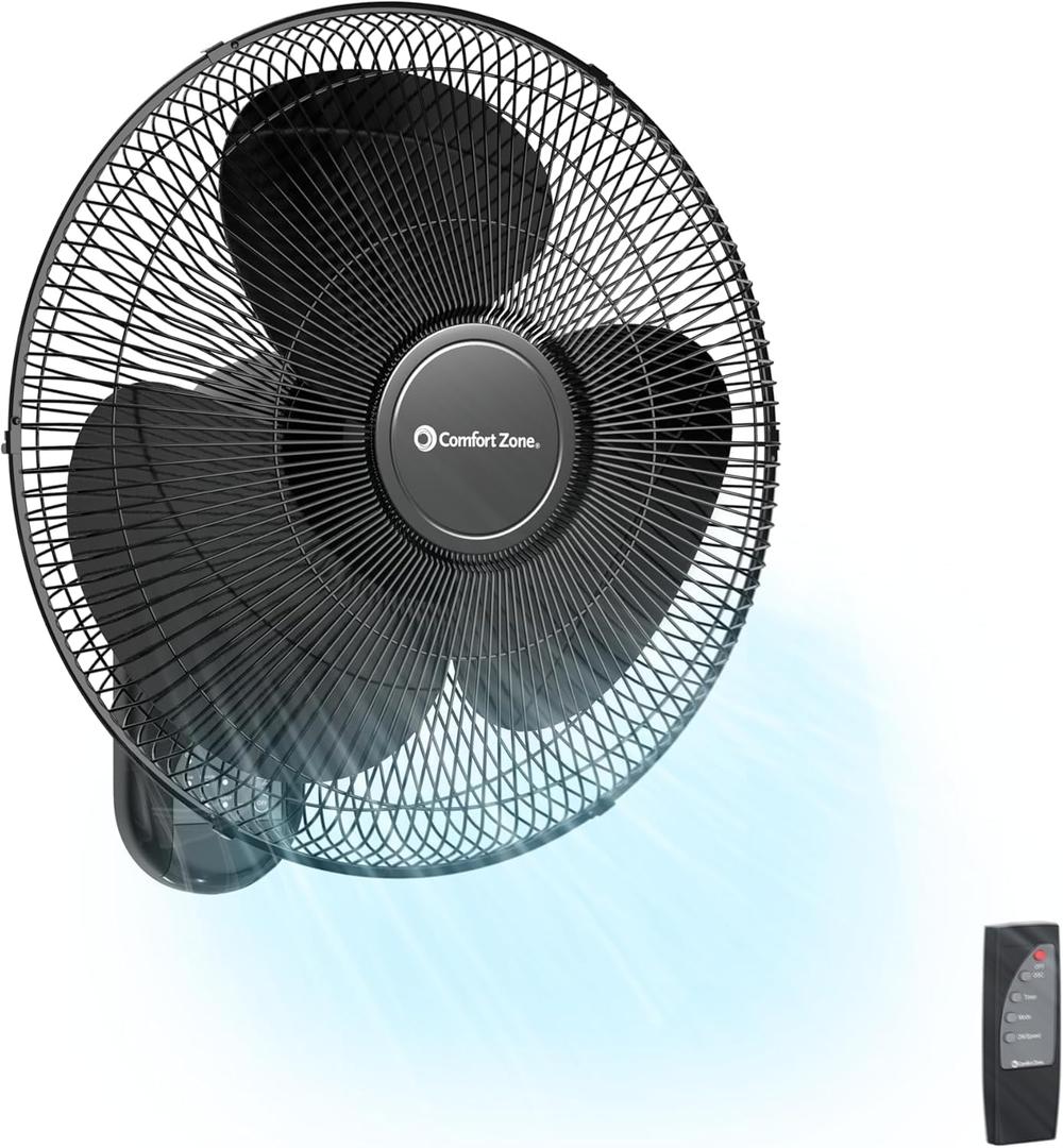 Comfort Zone 16-Inch Wall Mount Fan with Remote Control  Quiet 3-Speed Oscillating Indoor Fan with 90 Wide-Angle Airflow, Timer & Sleep Modes  Space-Saving Wall Fan for Bedroom, Home Gym & Office