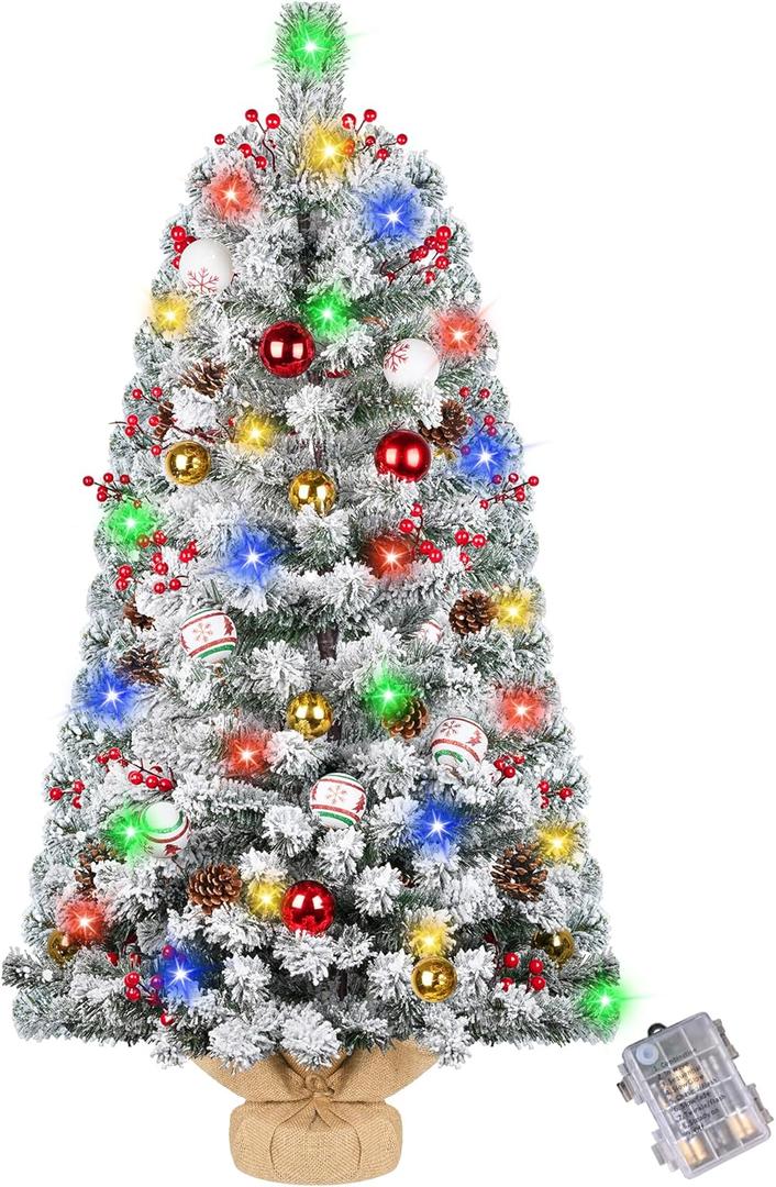 DDHS Small Flocked Christmas Tree,4ft Prelit Tabletop Christmas Tree, with 100 Lights, Ornaments Balls, Pine Cones Red Berries, Easy to Assemble Perfect for Holiday Christmas Home Decor