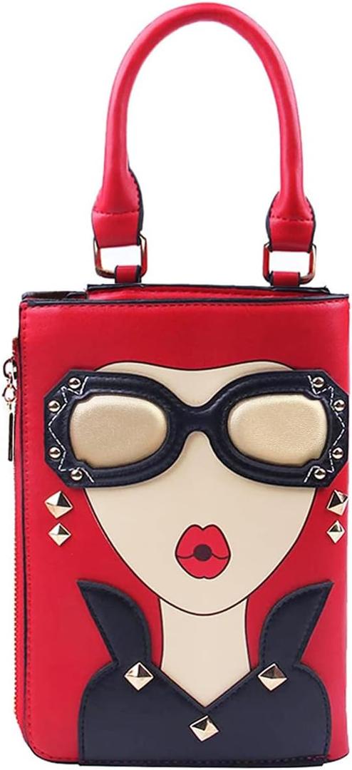 Novelty Unique 3D Lady Face PU Leather Top Handle Satchel Handbags for Women Funky Tote Purse Hobo Crossbody Shoulder bags (Red)