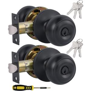 (2 Pack) Entry Door Knobs with Lock and Keyed Alike, Interior/Exterior Flat Ball Door Locks for Bedroom/Bathroom/Front/Offic Doors, Matte Black Finish