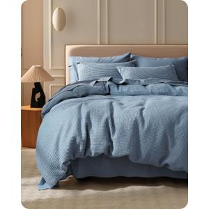Bedsure Cotton Duvet Cover Queen - 100% Cotton Waffle Weave Grey Blue Duvet Cover Queen Size, GentleSoft and Breathable Bedding Set for All Season, 3 Pieces, 90"x90"