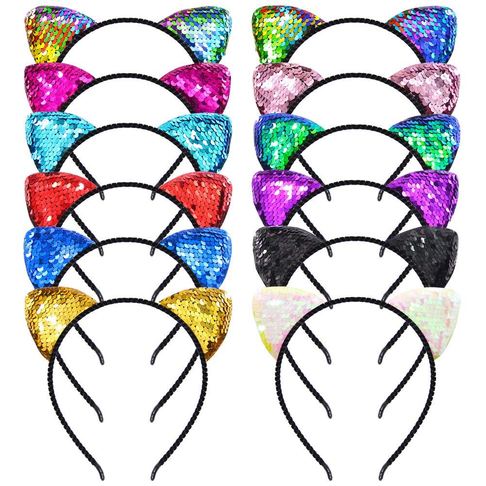 22pcs Cat Ears Headbands for Girls Reversible Sequin Hair Accessories for Parties and Events Colorful Cat Ear Hoops for Women and Boy Girl