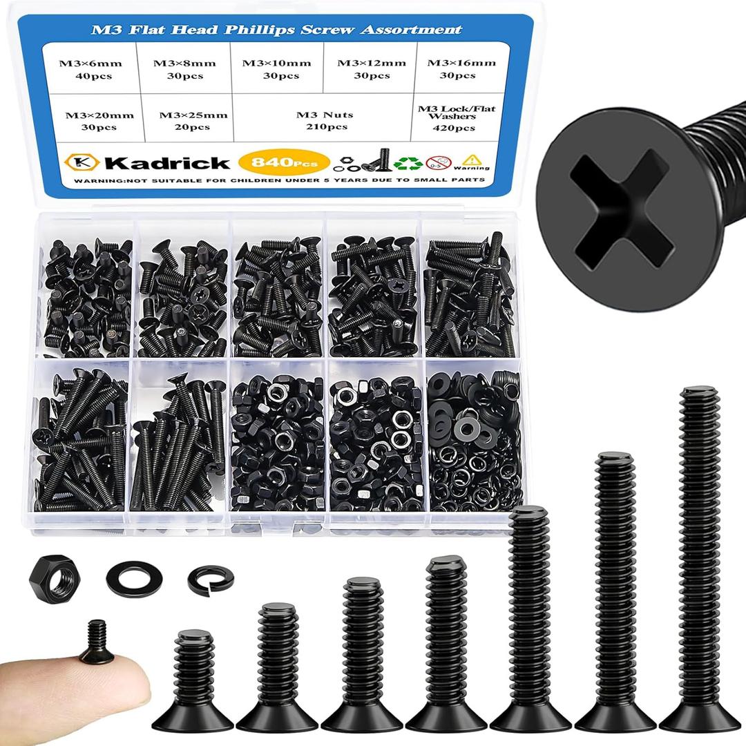 KADRICK 840Pcs M3 Countersunk Screws,M3 Flat Head Screws,Phillips Bolts Nuts Washers Assortment Kit,Zinc Plated,Lenth of 6MM-25MM