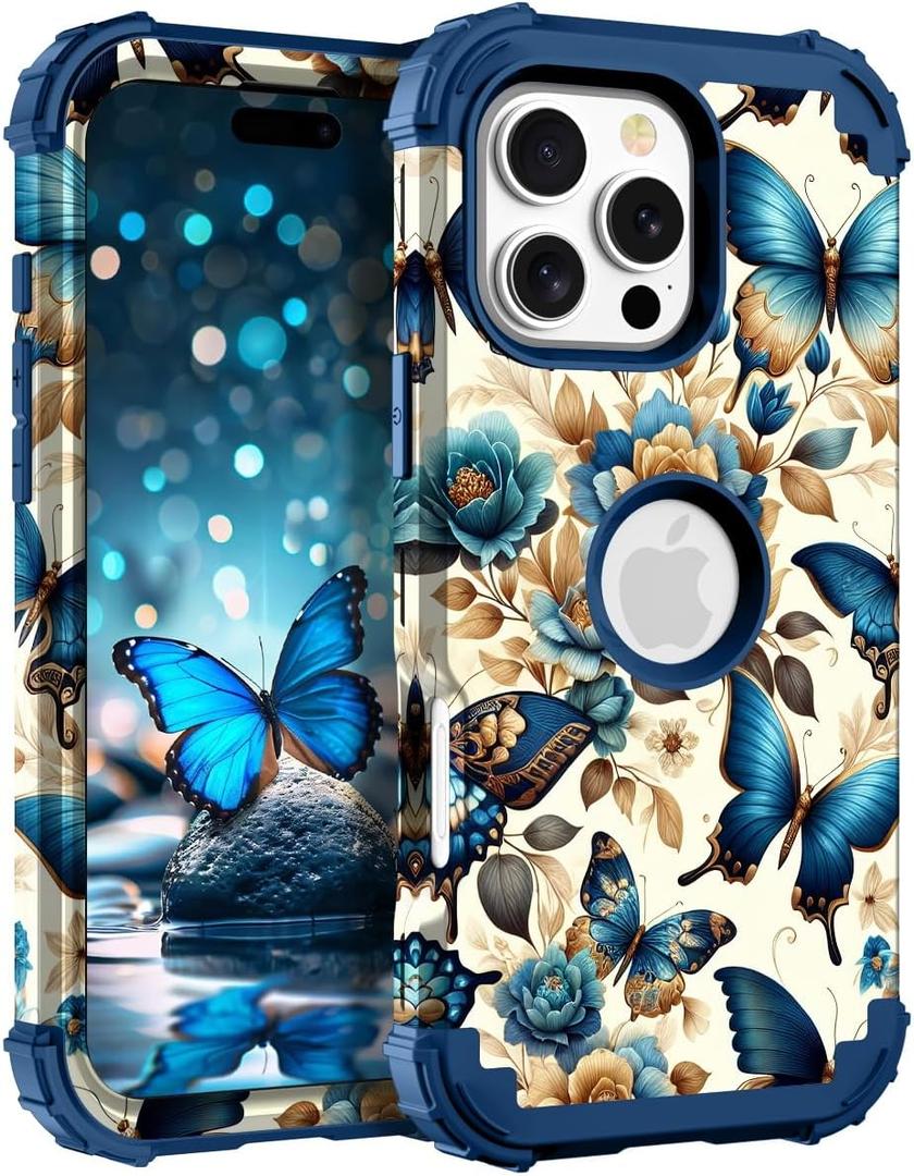 Hocase for iPhone 16 Pro Max Case, Heavy Duty Shockproof Protection Soft Silicone Rubber+Hard Plastic Bumpers Hybrid Protective Case for iPhone 16 Pro Max 2024 - Blue Butterflies